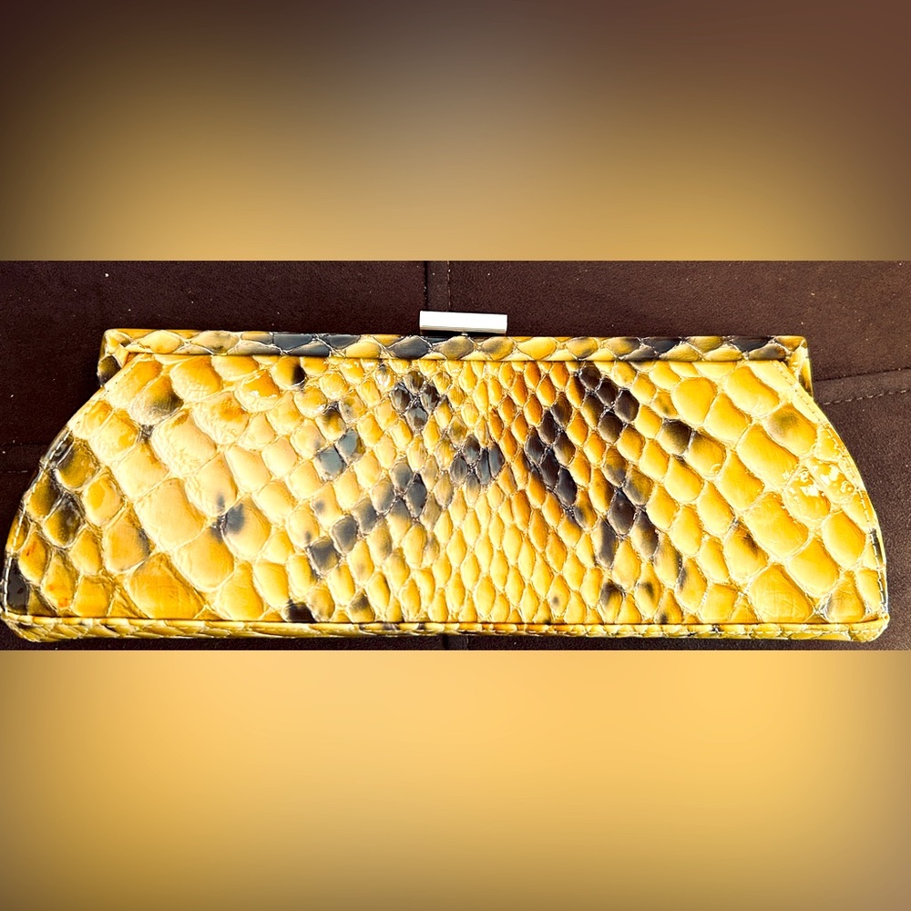 Sondra Roberts Yellow Patent Leather embossed Snake Print Clutch.NWT